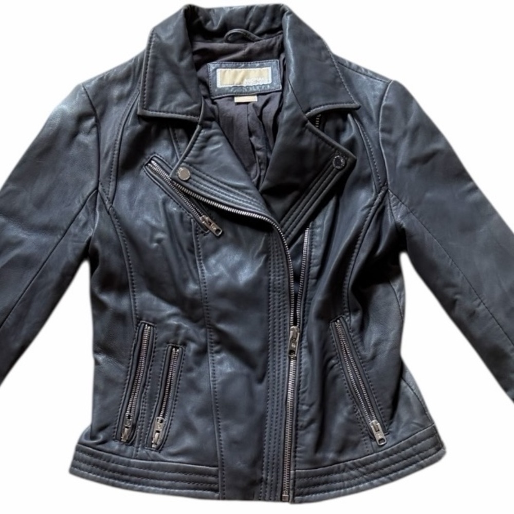 Michael Kors Leather Jacket 100% Genuine Grey Zip Front Size Small MSRP $525 - Picture 3 of 8